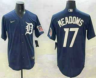Men%27s Detroit Tigers #17 Parker Meadows Navy With Patch Cool Base Stitched Jersey